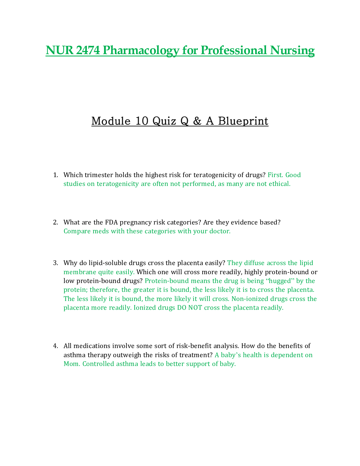 Preview of NUR2474 / NUR 2474 Module 10 Quiz Q & A Updated: Pharmacology for Professional Nursing - R